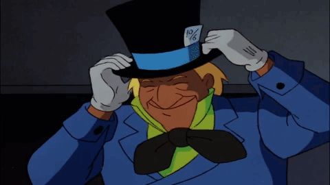 a cartoon character with a top hat and gloves