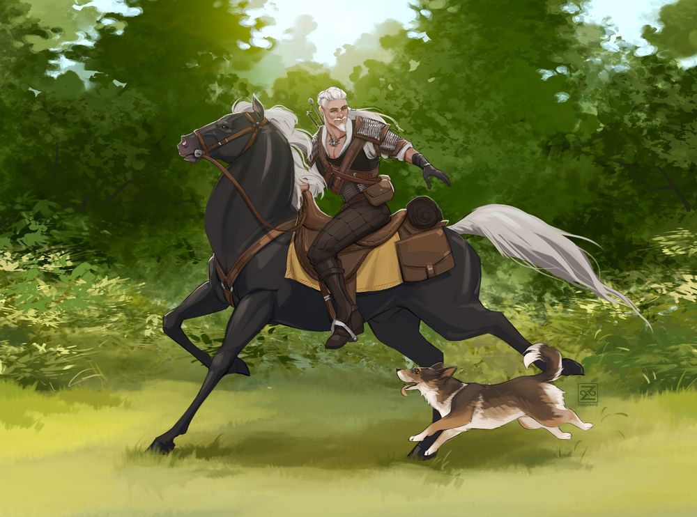 Witcher OC rides a black horse with pale mane while a small Swedish Valhund scampers alongside them through a short grassy field bordered by woodland trees.