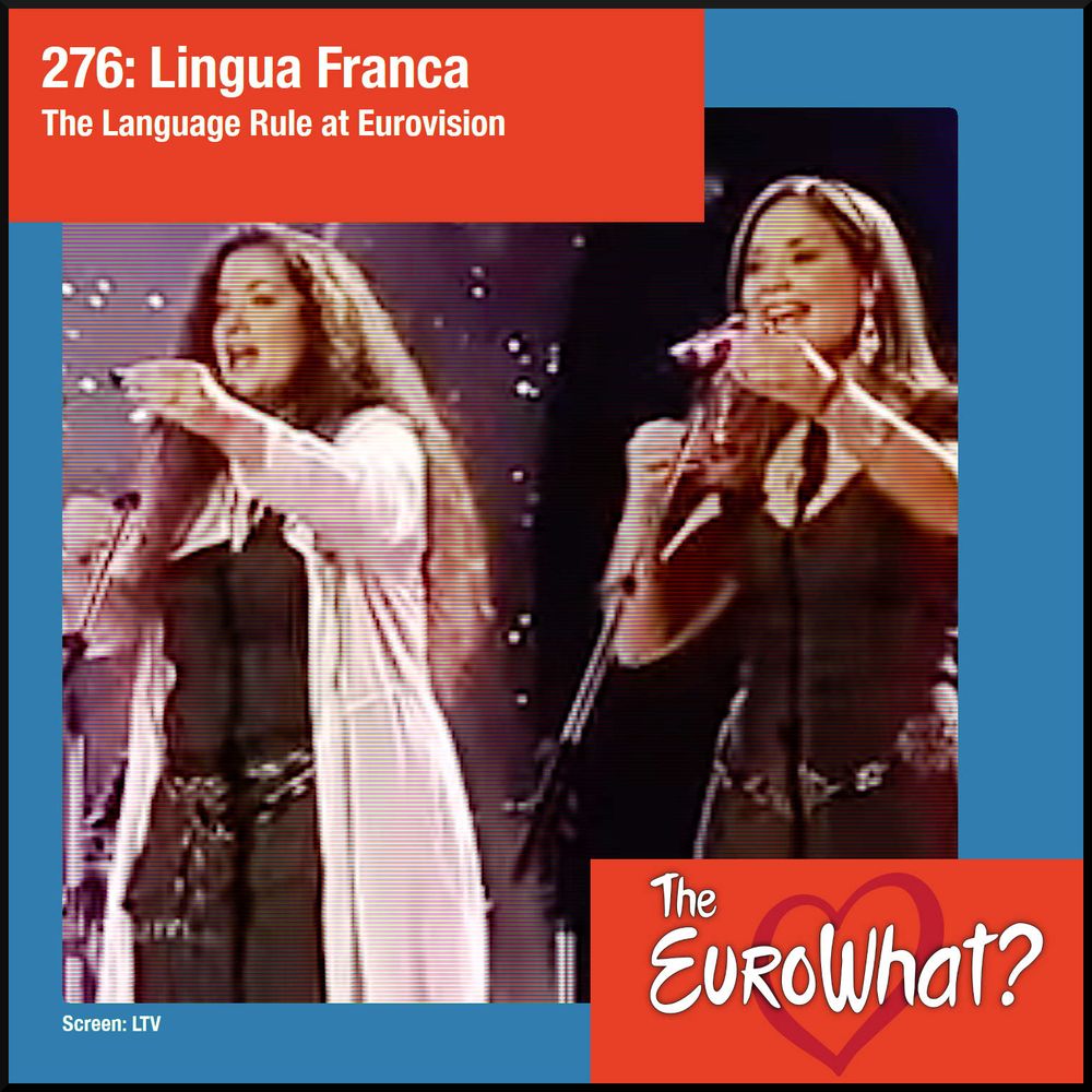 Cover art for Eurowhat 276 Lingua Franca: The Language Rule at Eurovision. The signers from Urban Trad (Belgium 2003) perform gestures during the song "Sanomi"