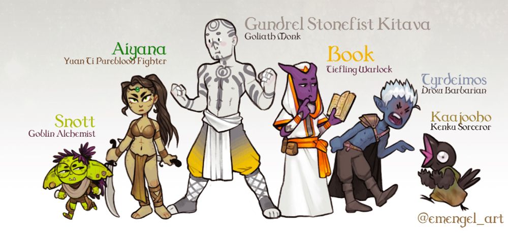Snott the goblin alchemist, Aiyana the Yuan Ti Pureblood fighter, Gundrel the Goliath monk, Book the tiefling warlock, Tyrdeimos the drow barbarian, Kaajooho the kenku sorcerer 