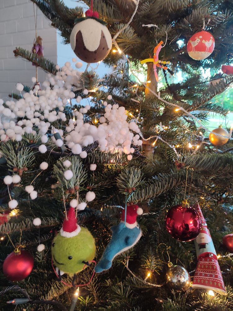Close up of a Christmas tree with decorations. 