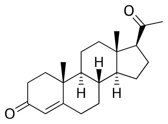 Progesterone molecular diagram. Looks almost identical to estrogen, except for a few less hydrogen atoms.
