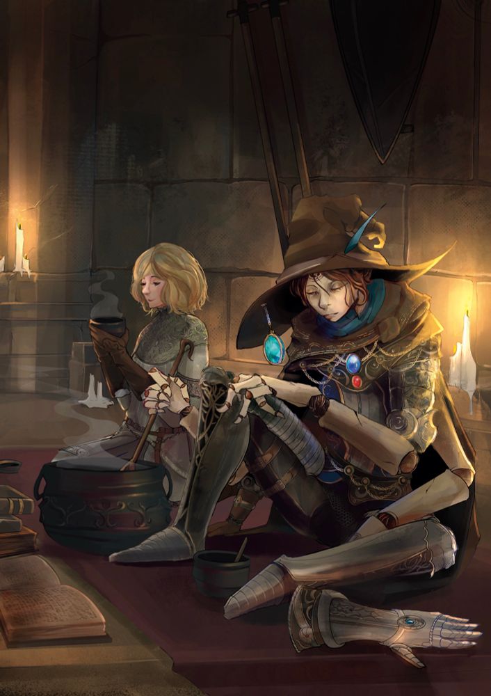 Illustration of the tarnished Florence serving soup with the spirit tuner Roderika. He contemplatively looks at his mechanical hand while stirring the pot