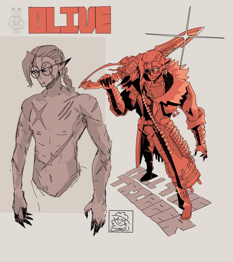 Sketches of FFXIV character Olive:
On the left: Olive shirtless, showing off his scars
On the right: Olive in a top down perspective 
