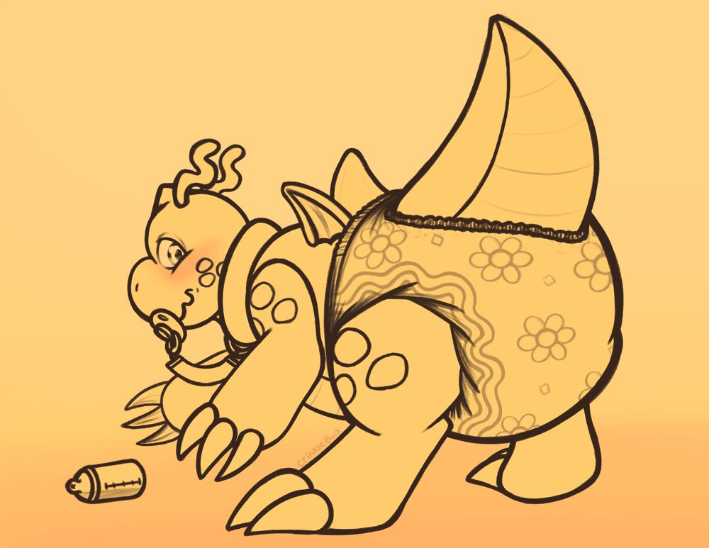 A dragonite is bent over to pick up its bottle. It looks back at the viewer embarrassed. It has a flowery diaper on. It has a pacifier connected to its collar with a paci clip.