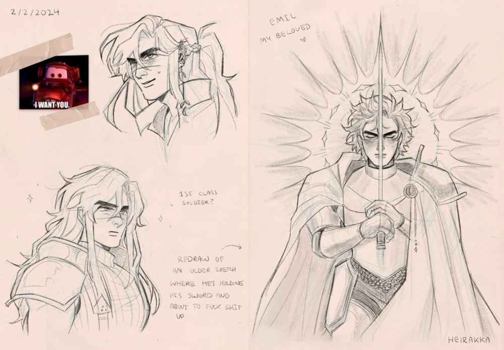 An old digital sketch page featuring various art of Emil. There is a doodle of his expression looking nervous. Another doodle is of him in a Final Fantasy 7 setting as a first class soldier. 

On the other page there is a detailed sketch of Emil when he was a younger knight holding his sword up and closing his eyes as a sun is behind him.