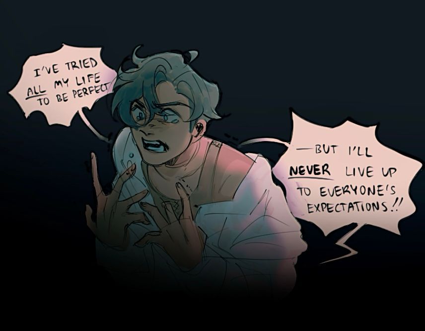 Art of a younger Prince Mattias crying while shouting his frustrations as his hands tremble. He yells, "I've tried all my life to be perfect —but i'll NEVER live up to everyone's expectations!!"