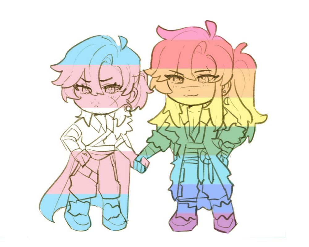 Chibi doodle of my trans male character, Mat, holding hands with his cis gay male partner, Emil. The trans flag is overlayed over Mat, while the Gilbert Baker Gay flag is overlayed over Emil.