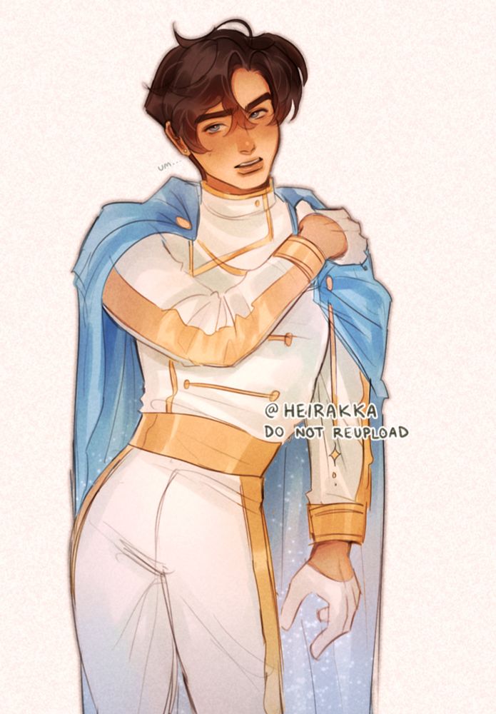 Art of my prince character Mattias shyly standing at a tilted angle with his right arm on his left shoulder. He says "um" as he looks at the viewer.