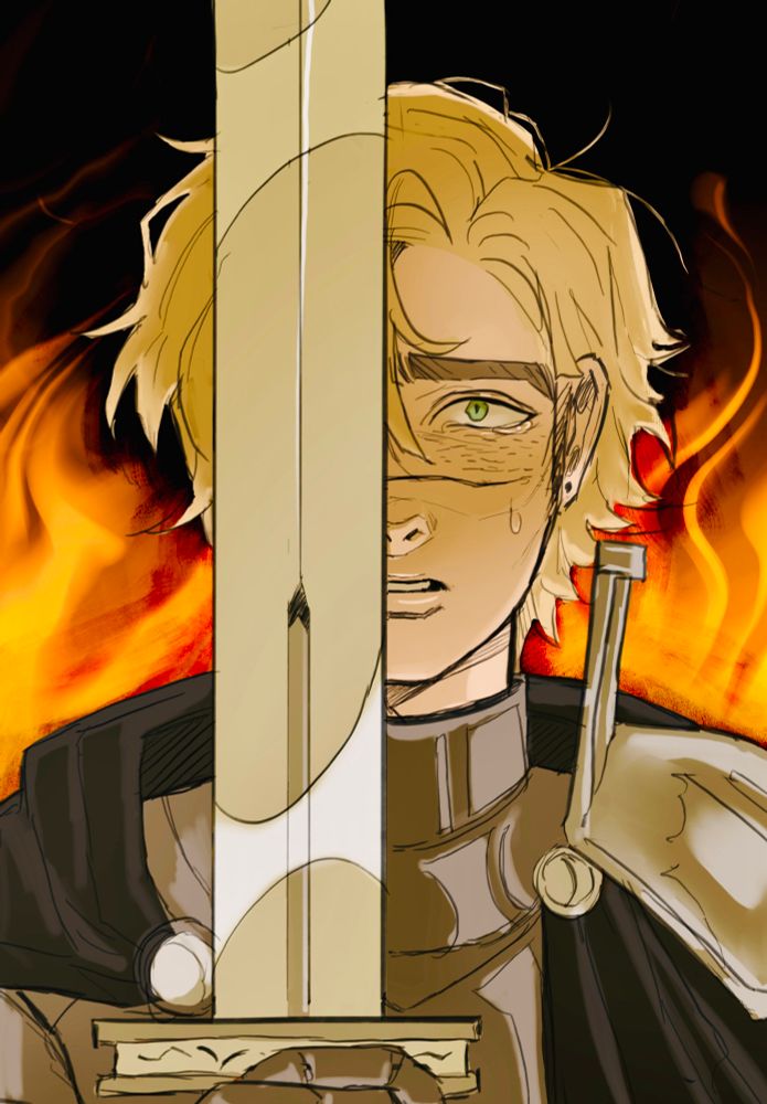 Emil as a royal knight holding his sword up and over one of his eyes as he stares in utter disbelief while crying with his eyes wide open. There are wild flames surrounding him as everything around him burns.