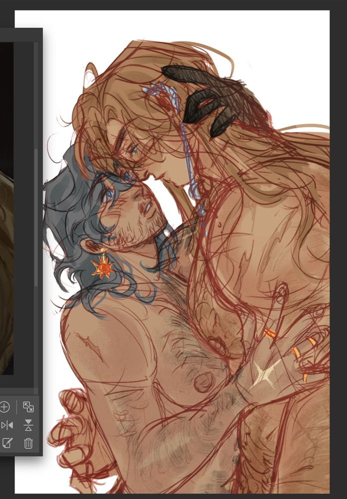 Colored sketch of my mercenary characters Emil and Mat who used to be a knight and prince duo before trying to run away together only to get separated. Mat is caressing Emil with wide expecting eyes, unknown that Emil was the same man he ran away with due to amnesia. Emil looks saddened as he always wanted to hold Mat but not like this and his hand is visibly hovering behind Mat's back.