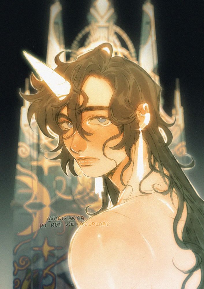 Portrait art of my trans male prince character Mattias facing his back to the viewer and looking over his shoulder with an elegant and calm expression. He has a unicorn horn and his hair is a lot longer than usual. He is wearing elegant shiny earrings and glitter under his eyes. Behind Mattias is the silhouette of a castle with a moon and stars pattern over it. 