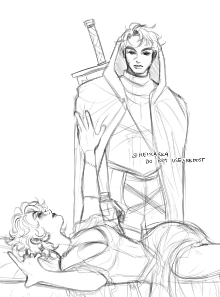 A digital sketch of my lesbian princess and knight characters, Stella and Eli. Stella is wearing a long pretty evening gown and laying back on her bed, looking up at Eli longingly and reaching for them. Eli is dressed in their knight armor, gazing down at Stella. 