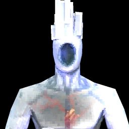 A transparent, bust-up picture of Minos Prime, a character from ULTRAKILL. He is eerily white and his chest is translucent, revealing his heart. He does not have a face (a dark hole has taken its place) and has crown-like horns coming out of his head.