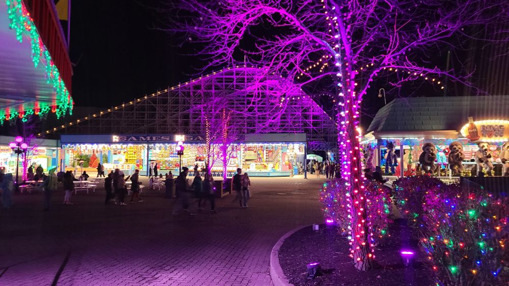 A section of the games/arcade area lit up for Winterfest. 