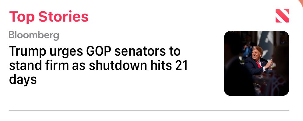 Bloomberg article titled “Trump urges GOP senators to stand firm as shutdown hits 21 days” next to photo of trump