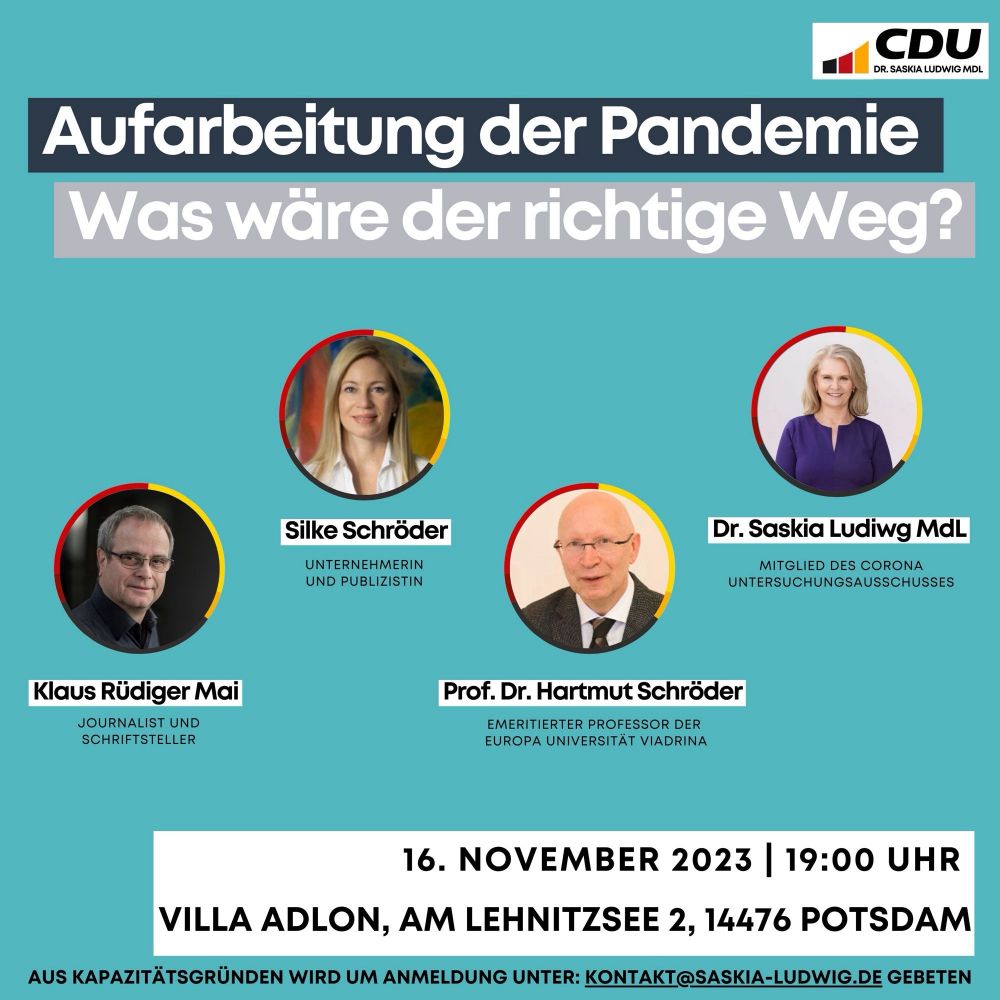 Einladung zu einer Veranstaltung der CDU, organisiert von Saskia Ludwig, MdL Brandenburg (CDU), beworben mit der Referentin Silke Schröder, die ebenfalls an der Wannsee-Konferenz-2.0 teilnahm.