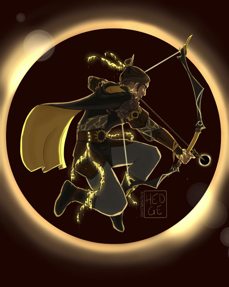 An illustration of calamity Feng Xin who is jumping in the air while aiming to shoot an arrow. The background is a solar eclipse and the point of the arrow is also shooting a small eclipse. Feng Xin is wearing mostly black clothes and armor with some brown leather and yellow details. His cape sweeps behind him in a way that shows the yellow inside. On Feng Xin's skin, namely his face, right hand, arm and side, bright yellow lines are visible like marble veins. Ribbons sweep around him from his hairpiece, belt and boots. They are dripping with glowing yellow lava.