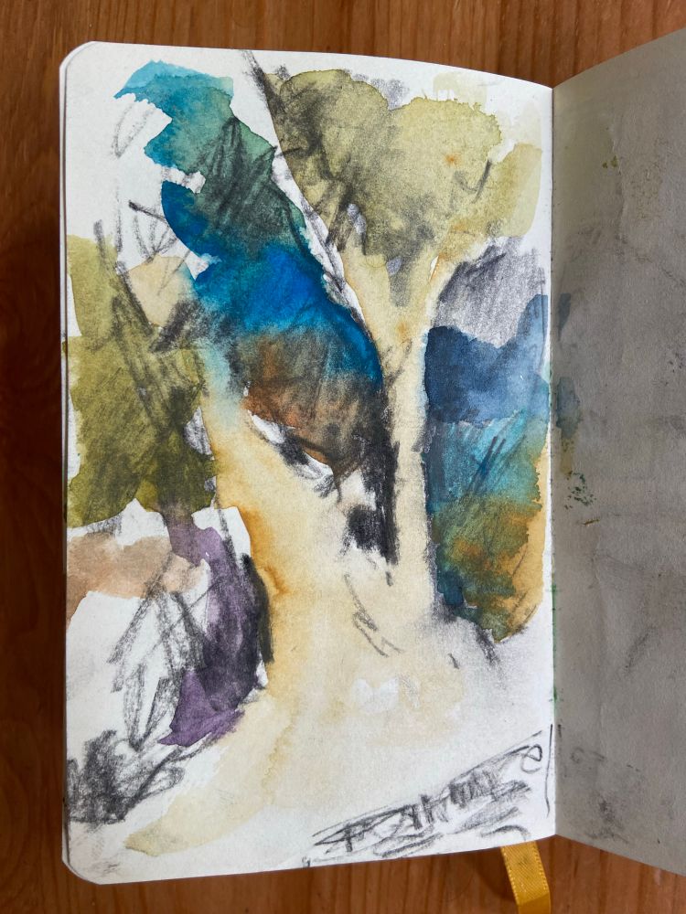 A colour study in tones of blue and Green. A cream coloured shape that looks like a pathway disappearing into the distance cuts through the middle