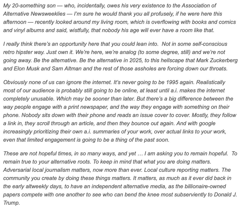 the ending of tom tomorrow's talk at the Association of Alternative Newsweeklies conference part two