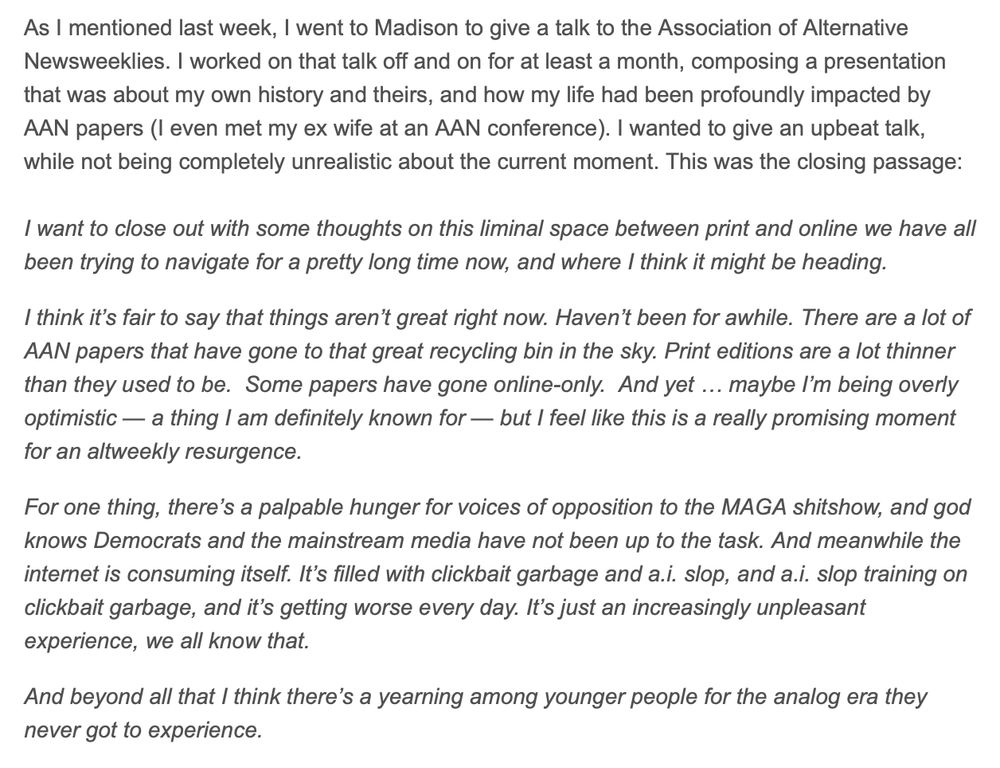 the ending of tom tomorrow's talk at the Association of Alternative Newsweeklies conference part one