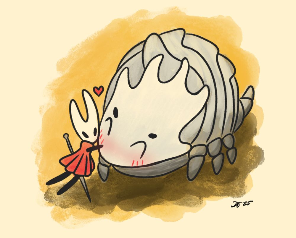 Hornet from Silksong hugs a happy bell beast