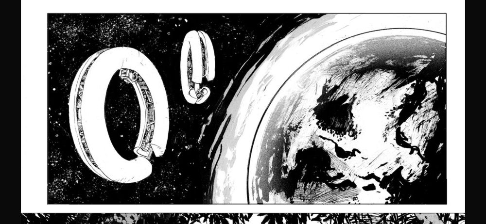 A black and white panel from a comic book. A pair of ring-shaped vessels in orbit around a planet.