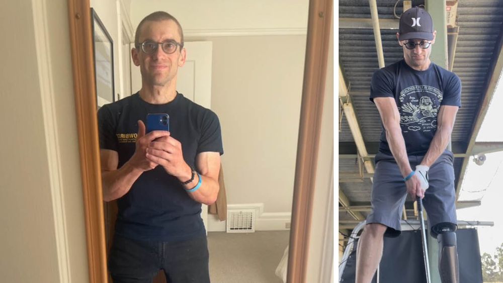 Aaron Baum shown on the left taking a selfie in front of a mirror and on the right playing golf.