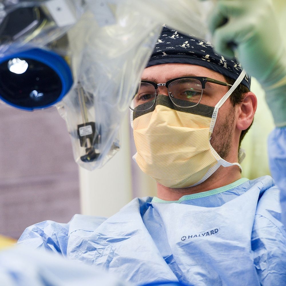 Close-up of chief resident Thomas Wozny, MD, during a bypass surgery.