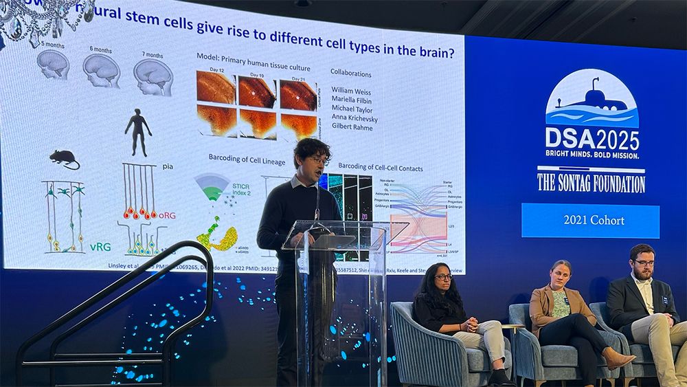 UCSF associate professor of neurosurgery Tomasz Nowakowski, PhD, presenting at the Sontag Foundation's 22nd Annual Scientific Retreat. His slide notes his collaborations with William Weiss, Mariella Filbin, Michael Taylor, Anna Kirchevsky and Gilbert Rahme. The title says, How do neural stem cells give rise to different cell types in the brain?