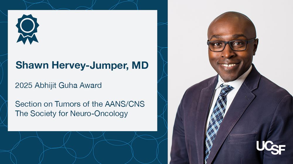 Award graphic announcing Shawn Hervey-Jumper, MD, as the winner of the 2025 Abhijit Guha Award from the Section on Tumors of the AANS/CNS and the Society of Neuro-Oncology.