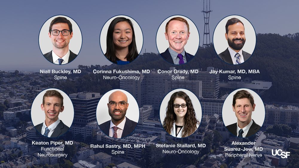 Graphic showing photos of the 2025-2026 class of fellows in front of a background image of UCSF's Parnassus campus. Top row (L to R): Niall Buckley, MD (Spine); Corinna Fukushima, MD (Neuro-Oncology); Conor Grady, MD (Spine); Jay Kumar, MD, MBA (Spine). Bottom row (L to R): Keaton Piper, MD (Functional Neurosurgery); Rahul Sastry, MD, MPH (Spine); Stefanie Stallard, MD (Neuro-Oncology); Alexander Suarez-Jew, MD (Peripheral Nerve).