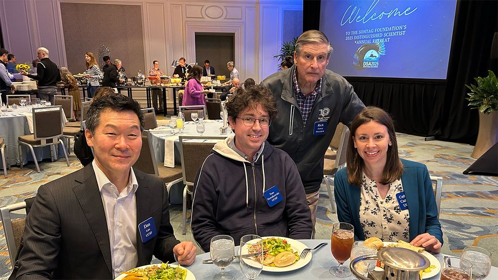 Rick Sontag with past Sontag Distinguished Scientist Awardees from UCSF. Seated from left to right: Dan Lim, MD, PhD (DSA 2009), Tom Nowakowski, PhD (DSA 2021), and Cathryn Cadwell, MD, PhD (DSA 2024).