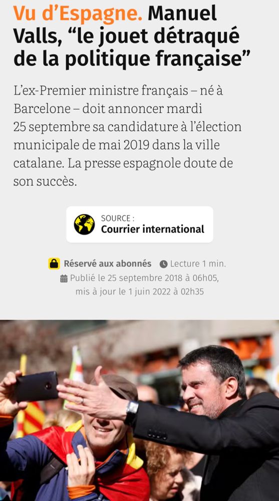 Valls, mal rasé pour faire plus cool en selfie, avant de se faire jeter par l’Espagne. Une chance pour l’Espagne, un malheur pour la France et surtout pour l’Outre-mer.