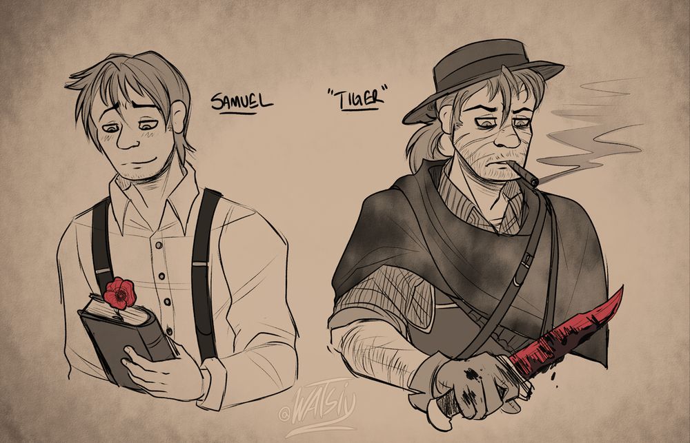 Two monochrome colored sketches. On the left reading "Samuel" is a young man smiling placidly at a poppy flower sticking out of a book he is holding. On the right, the man is older and scarred, with more facial hair and longer hair pulled into a ponytail. He is holding a knife stained the same color as the poppy, and is looking at it pensively. 