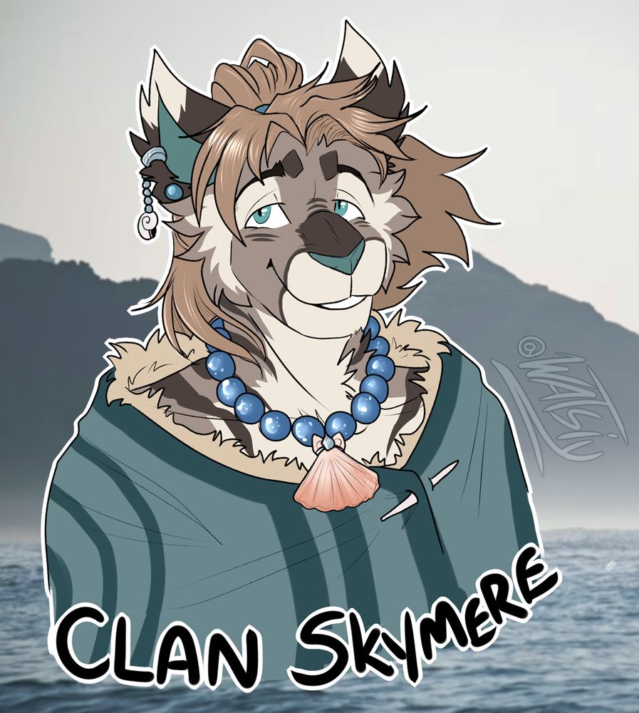 A Jade Tiger from Clan Skymere is smiling in a friendly manner at the viewer. He is clad in a fur-lined poncho and wearing a few seashell-adorned pieces of jewelry, his long hair blowing in the ocean wind. 