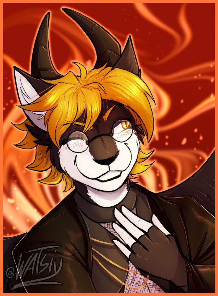 An anthropomorphic sphinx hybrid with round glasses is smiling and gesturing at himself innocently, with a wink. He is wearing a black and gray outfit with some fishnet over his chest, along with some dangling, golden chains. 