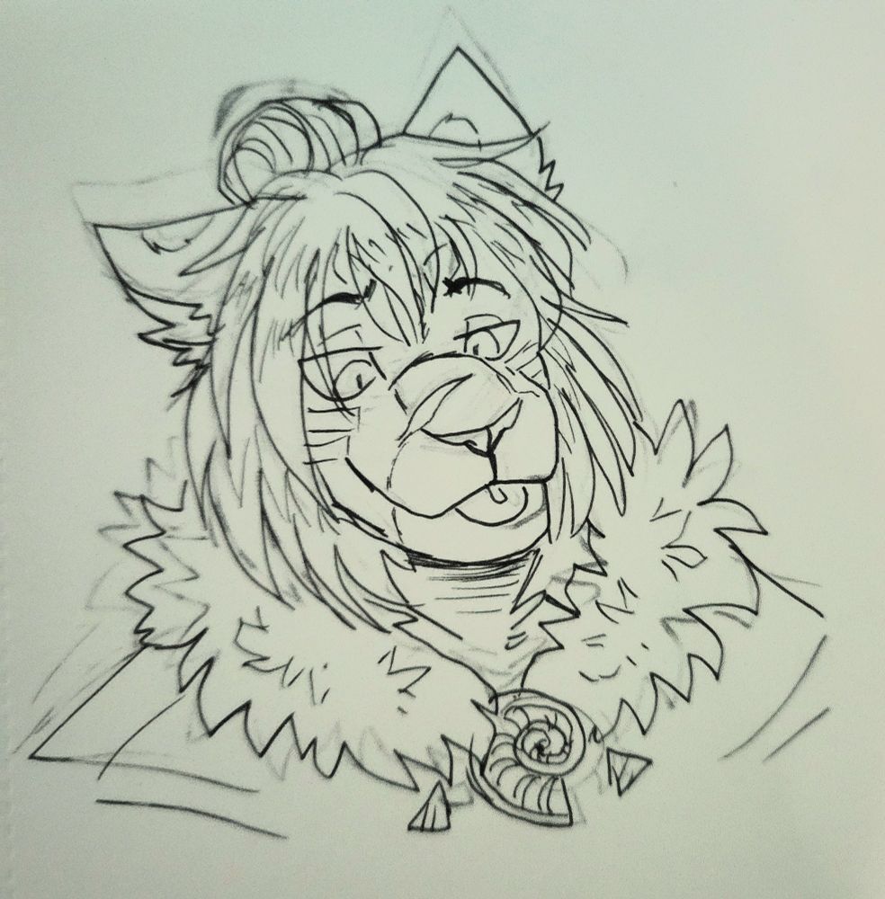 Linework drawing of Oren, an anthropomorphic tiger, done in pen. Oren is sticking her tongue out and looking at a cut/scar on her nose. 