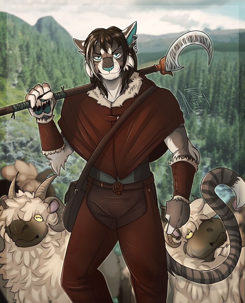 An intense-looking Jade Tiger shepherd is holding his weapon (a spear) up and resting it on his shoulder as he looks at the viewer. Behind him are a few sheep with pairs of both straight and curled horns.