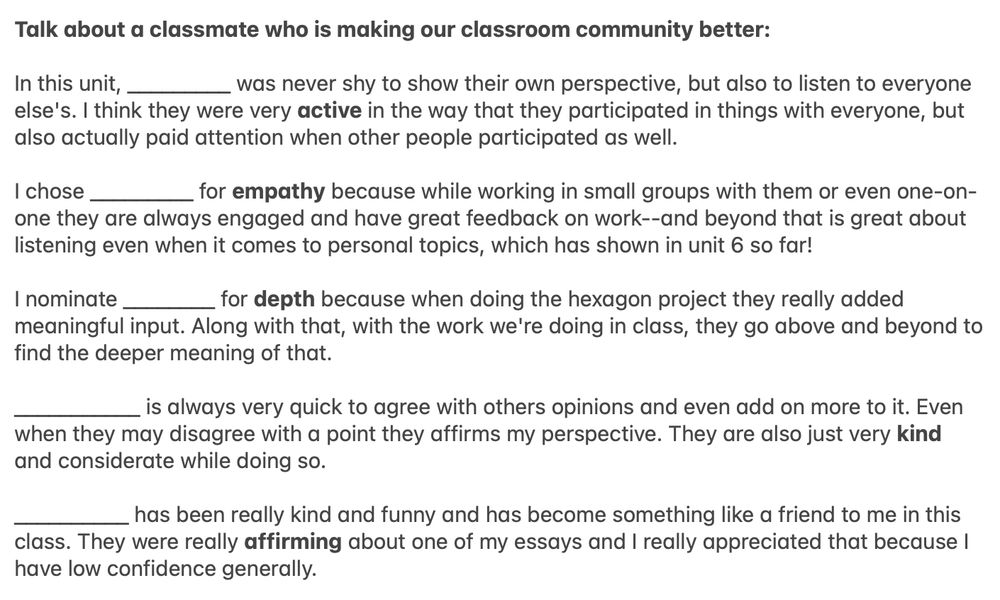 five classmate nominations from today's Google Form survey