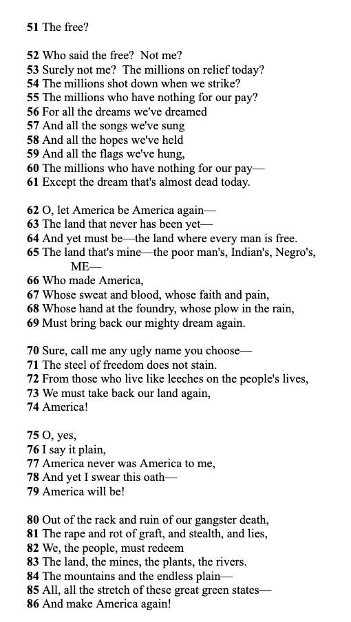 "Let America Be America Again" by Langston Hughes, lines 51-86