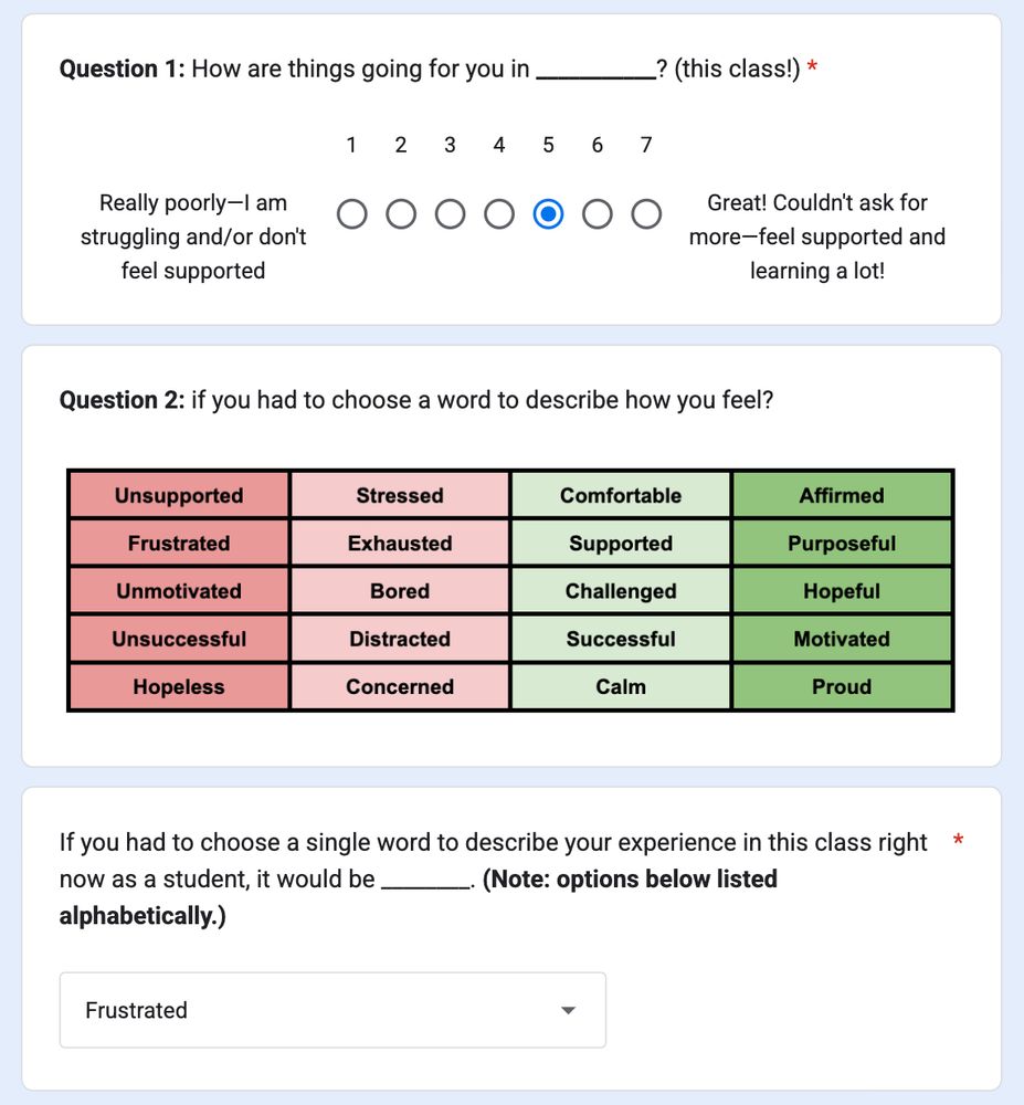 first two questions of our monthly anonymous check-in survey