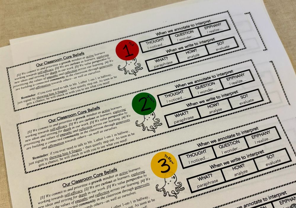 desk labels with classroom core beliefs and specific close-reading tools