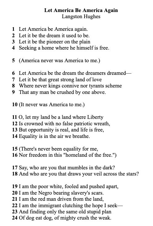 "Let America Be America Again" by Langston Hughes, lines 1-24