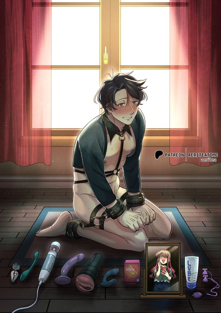 Mark from my comic "Fan Obsessed" sitting on the floor in lewd attire and surrounded by sex toys, eagerly waiting for Hana to play with him. Hana is reflected on the mirror looking down at Mark gleefully while recording him.