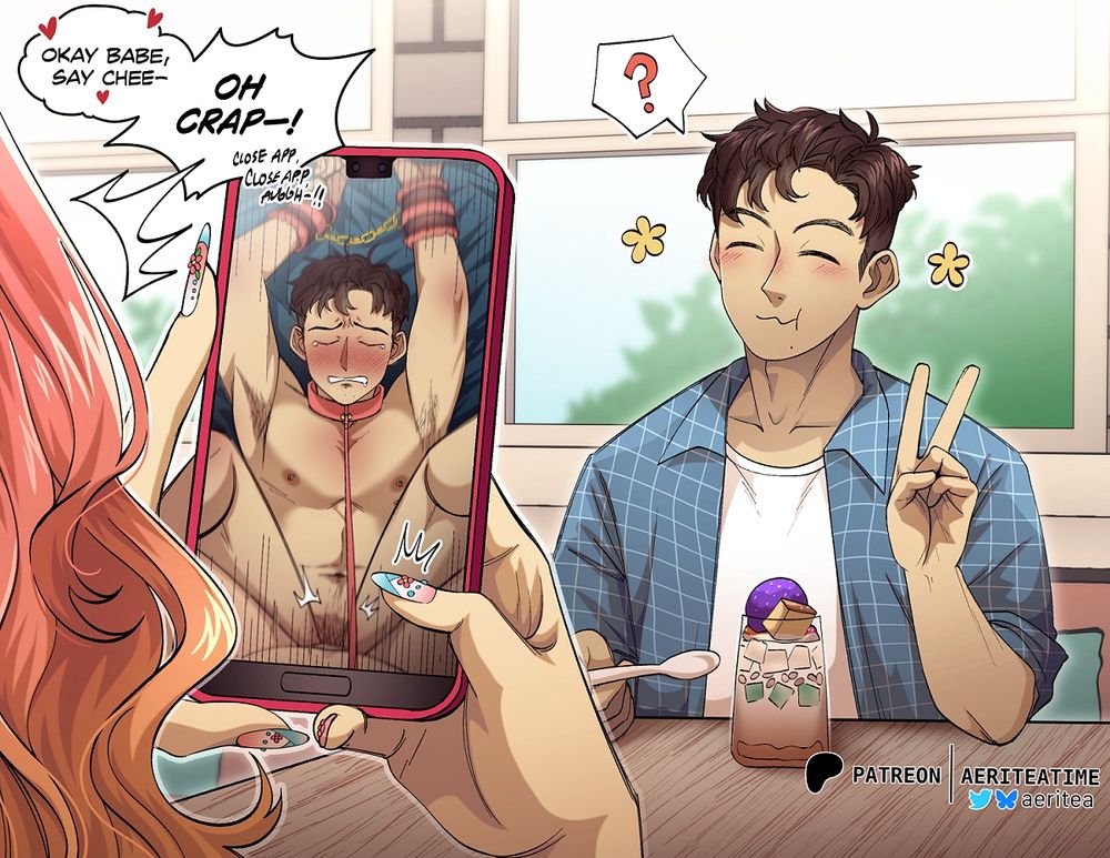 Nameless FxM couple eating at a Filipino cafe. A lewd photo of the man appears on the woman's phone as she tries to take a innocent photo of the man eating Halo Halo.