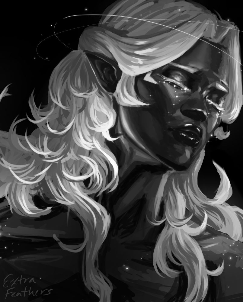 A black and white headshot of Allura crying stars in space 