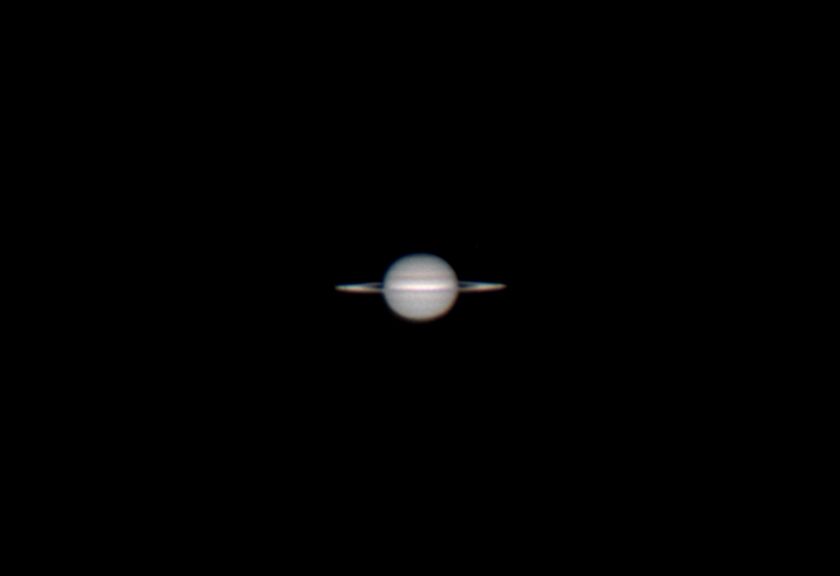 Saturn with nearly edge-on rings in 2024. The gap between the planet and the rings is barely visible 
