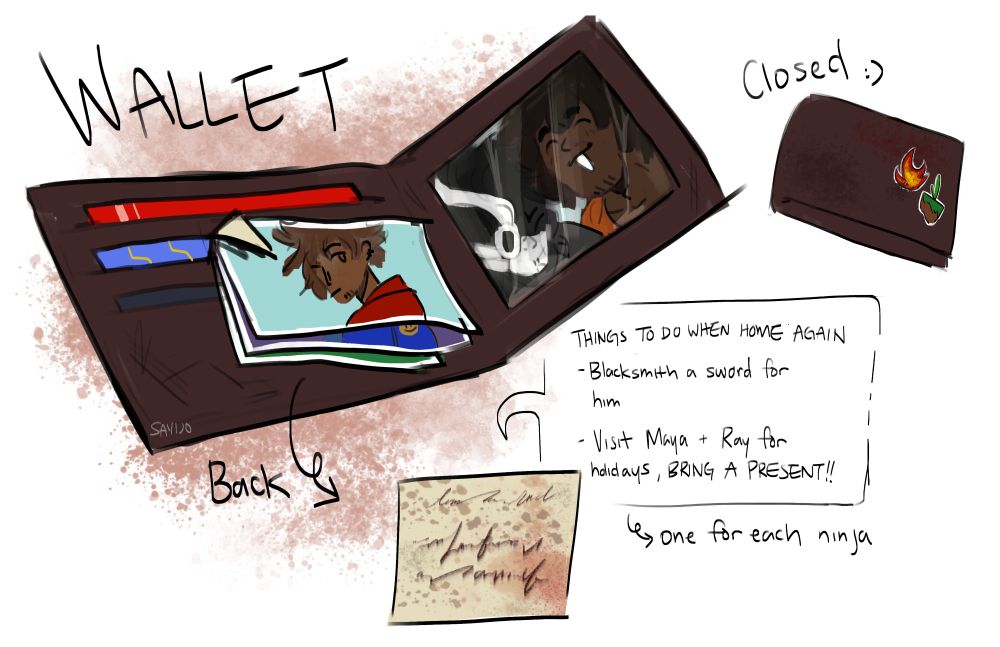A coloured-in drawing of an opened wallet. To the left of the wallet is a stack of small photographs, a picture of Kai being the one on top. To the right of the wallet is a picture of Cryptor and Cole in a selfie. Underneath the wallet is a drawing of the back of the stack of photos, handwritten text saying:
"THINGS TO DO WHEN HOME AGAIN
-Blacksmith a sword for him
-Visit Maya + Ray for holidays, BRING A PRESENT!!"