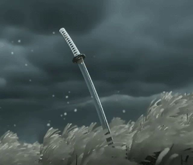 a sword in a field of tall grass with a stormy sky in the background